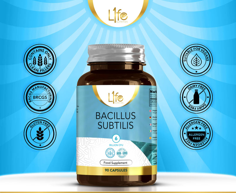 LN Bacillus Subtilis | 90 High Strength Probiotic Supplements - 6 Billion CFU Bacillus Subtilis Probiotic per Capsule | Non-GMO, Gluten & Allergen Free | Manufactured in the UK