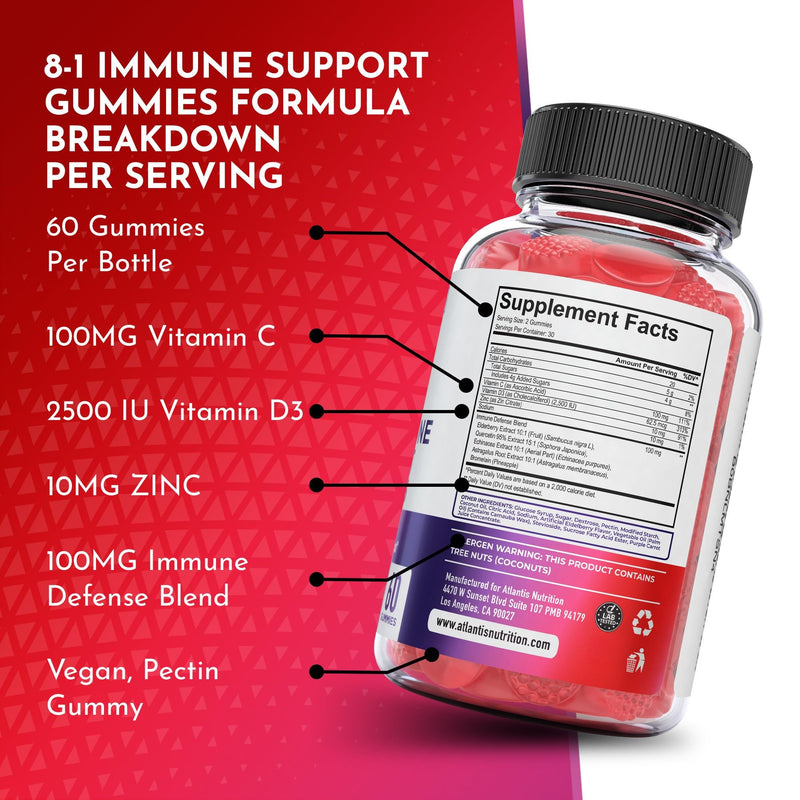Atlantis Nutrition 8-in-1 Immune Support Gummies with Elderberry | Immune Supplement with Elderberry, Quercetin, Zinc, Vitamin C - Immunity Boosters for Adults & Kids - Delicious Flavor - 60 Count 60 Count (Pack of 1)