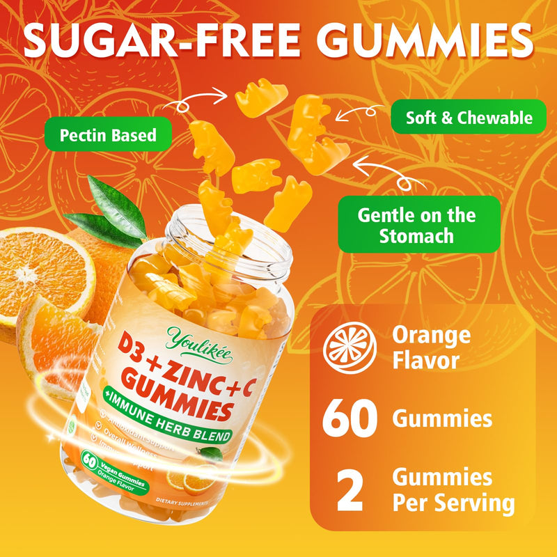 2 Pack Vitamin C + D3 5000IU + Zinc Gummies for Adults, 120 Ct | Immune Support supplement with Elderberry, Echinacea & Mullein Leaf - Antioxidant Support, Sugar Free, Orange Flavor 60 Count (Pack of 2)