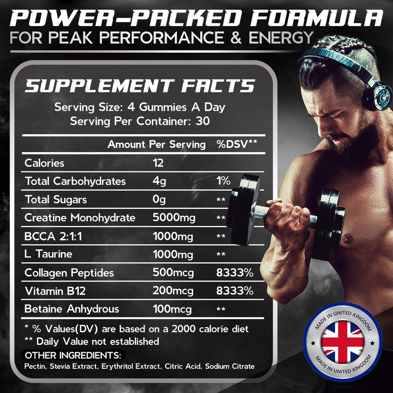 Creatine Gummies 5000mg 120 Gummies - Added L-Taurine, BCAA's, Collagen, B12 - Pure Creatine Monohydrate for Muscle Recovery, Strength & Performance - Mixed Berry Flavour (1 Month Supply)