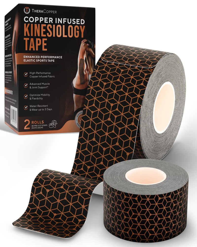 Copper Infused Kinesiology Tape – 2 Rolls (40 Precut Strips) – Advanced Waterproof Kinesiology Tape for Shoulder, Elbow, Bowling Wrist, Weightlifting, Muscle Strain & Joint Support