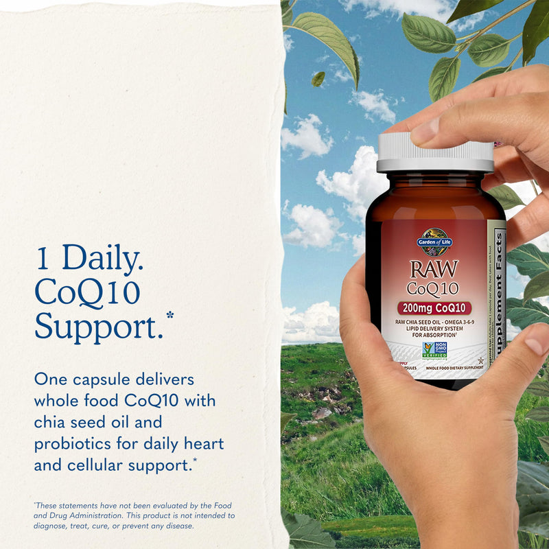 Garden of Life Raw CoQ10 200mg, with Omega 3 6 9 for Heart Health, 60ct | Vegetarian Omega 3 6 9 Supplement Raw Co Q 10 Chia Seed Oil, Whole Food Nutrition with Antioxidant Support, Coenzyme q10 Organic 60 Count (Pack of 1)
