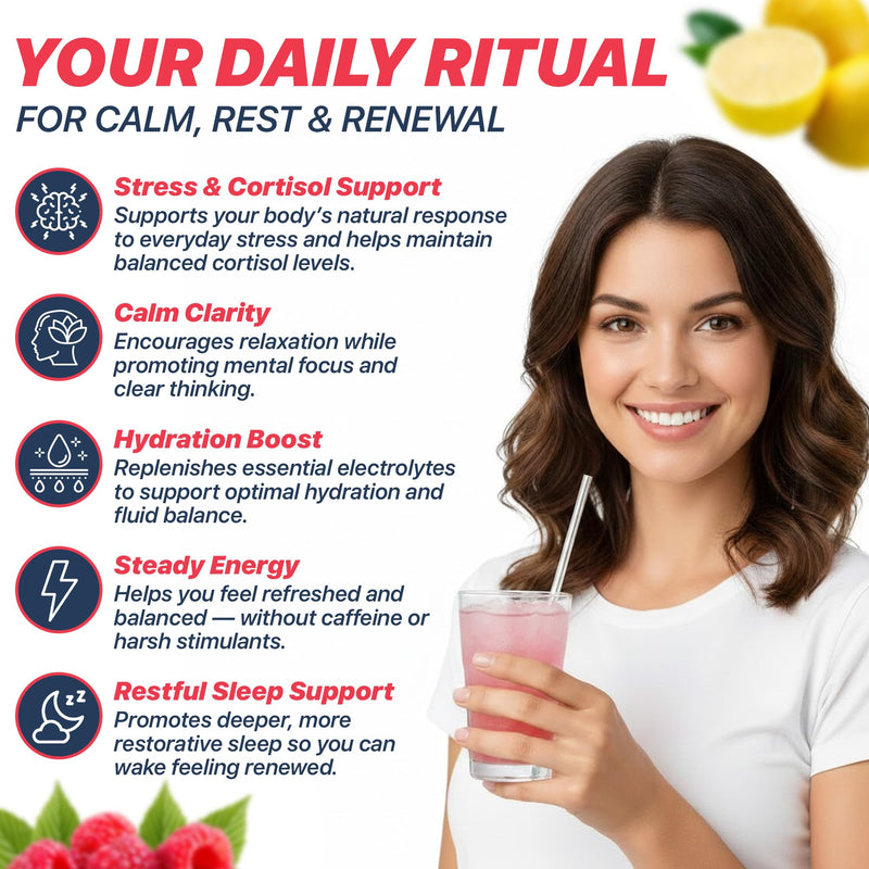 Sukoon Dailycalm Powdered Drink Mix, Cortisol Reducer and Sleep Aid Supplement, Magnesium Glycinate L-Theanine, Ashwagandha, Vitamin D3, No Sugar, Non GMO, On The Go, 20 Servings, Raspberry Lemonade