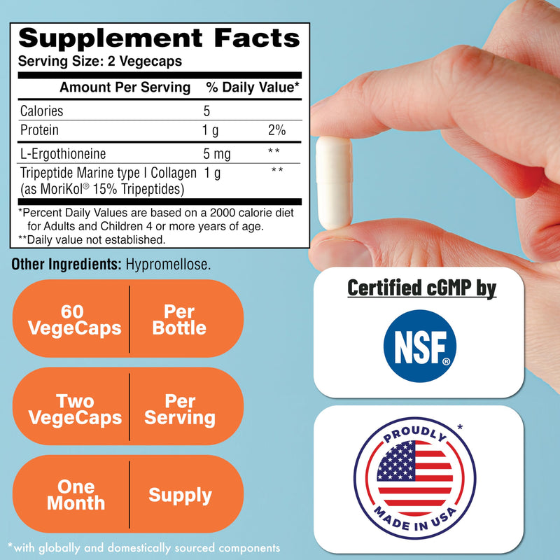 Skineu Collagen Tripeptide + L-Ergothioneine | Advanced Anti-Aging Formula | Morikol Marine Collagen | Supports Skin Hydration, Elasticity & Joint Health | Non-GMO & Gluten-Free | 60 VegeCapsules