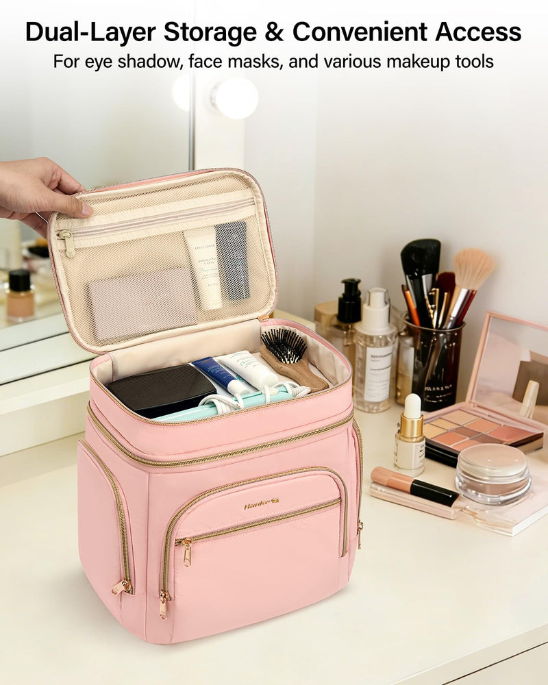 Hanke Large Toiletry Bag for Women Travel, Double Layer Organizer with Wide Opening for Full-Size Cosmetics & Toiletries, 12.2L Water-Resistant Makeup Bag,Pink Pink
