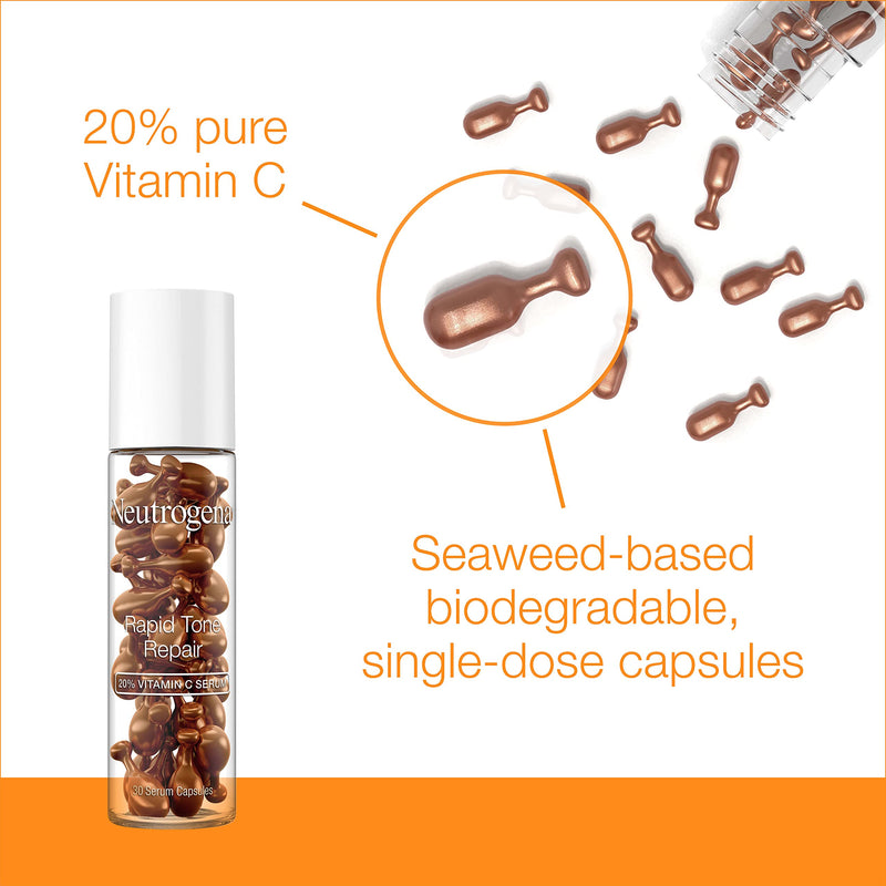 Neutrogena Rapid Tone Repair 20% Vitamin C Brightening Serum Capsules, Antioxidant Face Serum to Brighten Look of Dark Spots & Even Skin Tone, Oil-Free, 30 Serum Capsules | Antioxidant Face Serum to Brighten Look of, Oil-Free