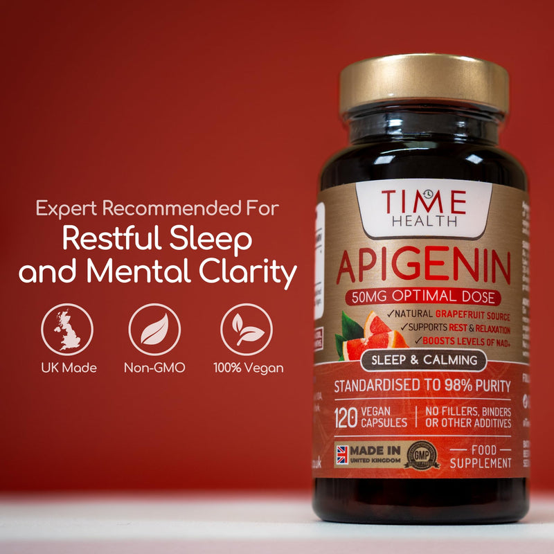 Apigenin - 50mg x 120 Capsules - 98%+ Purity - Optimal Dose for Sleep & Relaxation Support - NAD+ Booster - Grapefruit Source - UK Made - GMP Standards - Zero Additives (120 Count (Pack of 1)) 120 count (Pack of 1)