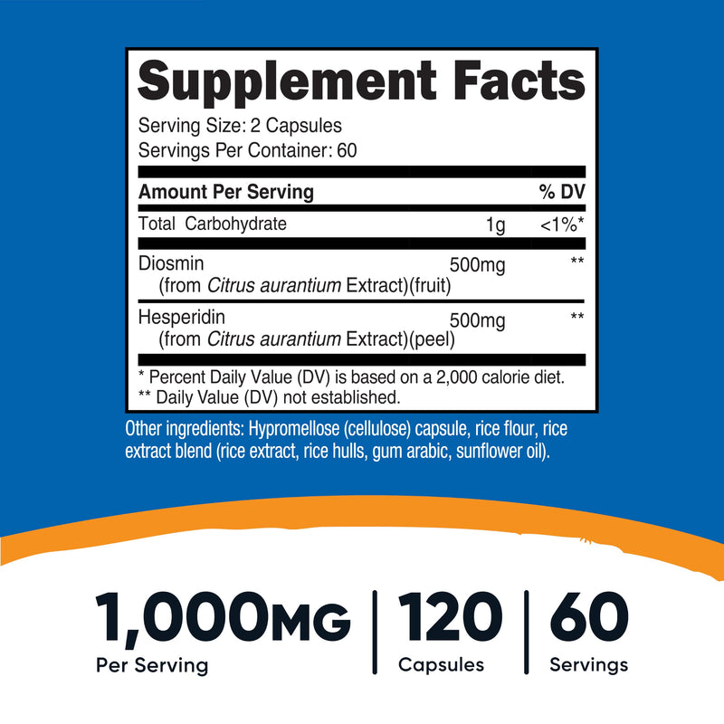 Nutricost Diosmin with Hesperidin (1000mg) Complex 120 Capsules, Vegan | 500mg of Diosmin and 500mg of Hesperidin per Serving, 60 Servings, GMO-Free, Gluten-Free 120 Count (Pack of 1)