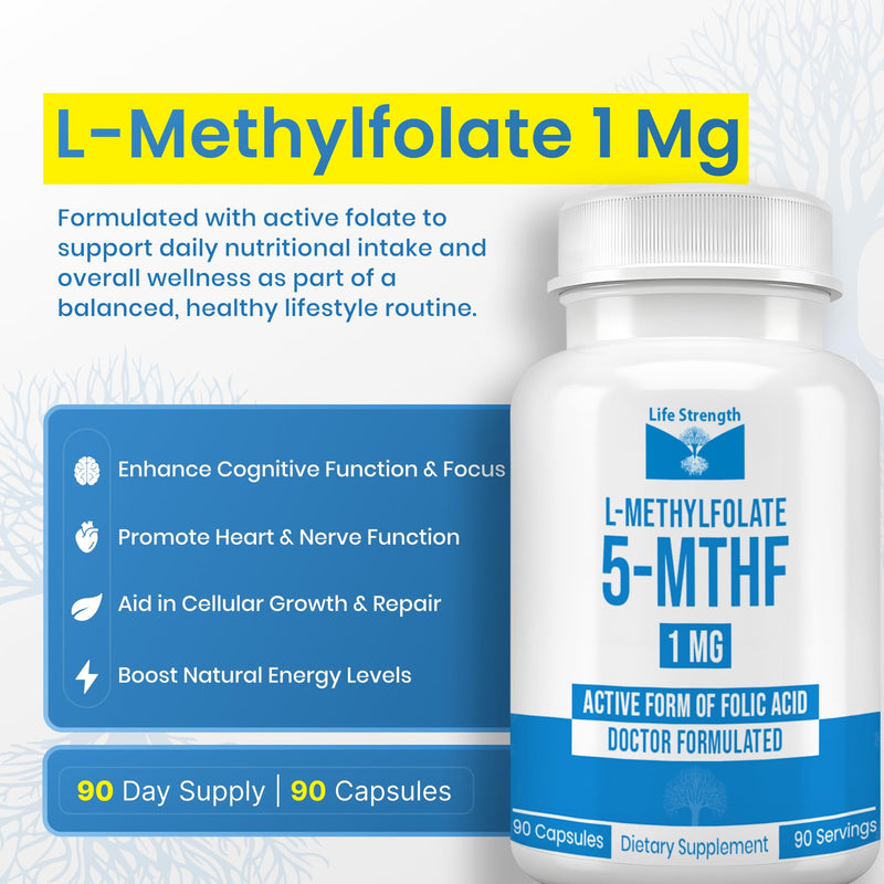 L Methylfolate 1mg | 180 Capsules | Optimized & Highly Bioactive Methyl Folate Supplement | 5-MTHF Supports for Energy, Focus & Mood | Non-GMO, Gluten Free, Vegan | 6 Month Supply 1 mg