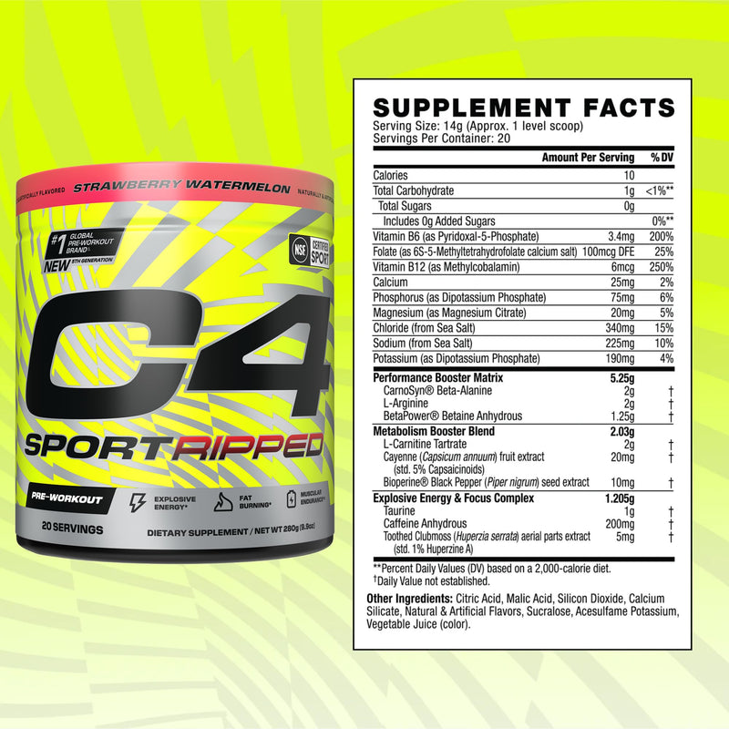 [Australia] - Cellucor C4 Ripped Sport Pre Workout Powder - NSF Certified for Sport - 200mg Caffeine + Cayenne Extract + Carnitine Tartrate + Beta-Alanine - Strawberry Watermelon, 20 Servings 9.88 Ounce (Pack of 1) 
