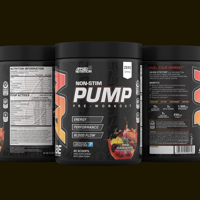 Applied Nutrition ABE Pump Pre Workout - All Black Everything Stim Free Pump Pre Workout Powder | Pump, Energy & Strength with Citrulline, Creatine, Beta-Alanine (500g - 40 Servings) (Red Hawaiian) Red Hawaiian