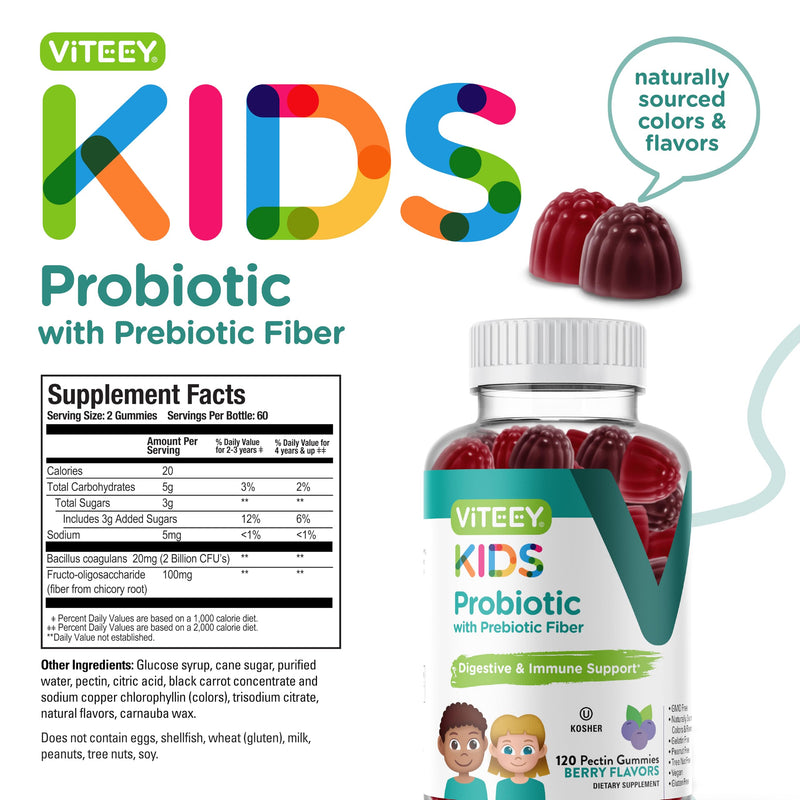 Viteey Probiotic Gummies for Kids Plus Prebiotics Fiber - 2 Billion CFUs | Digestive Health, Gut Health, Constipation Relief for Kids Support - Vegan, Gelatin Free - Chewable Probiotic Berry Flavored 120 Count (Pack of 1)