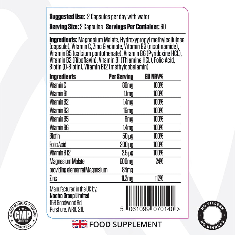 Nootro Essentials Vitamin B Complex with Vitamin C, Magnesium and Zinc, High Strength Vitamin B Supplement for Energy Metabolism and Immune Support, (60 Servings, 2 Month Supply)