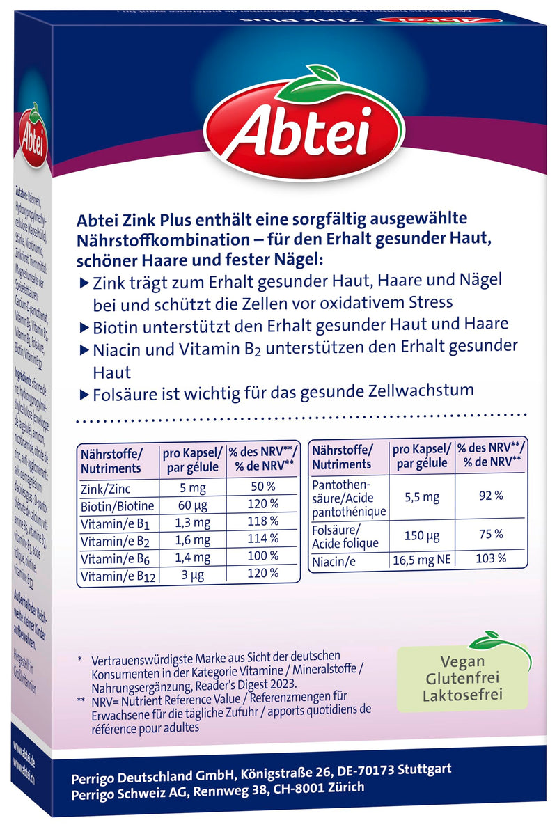 [Australia] - Abtei Zink Plus - special nutrient combination for healthy skin, strong hair and strong nails - with biotin and folic acid - 1 x 32 capsules 17 g (pack of 1) 
