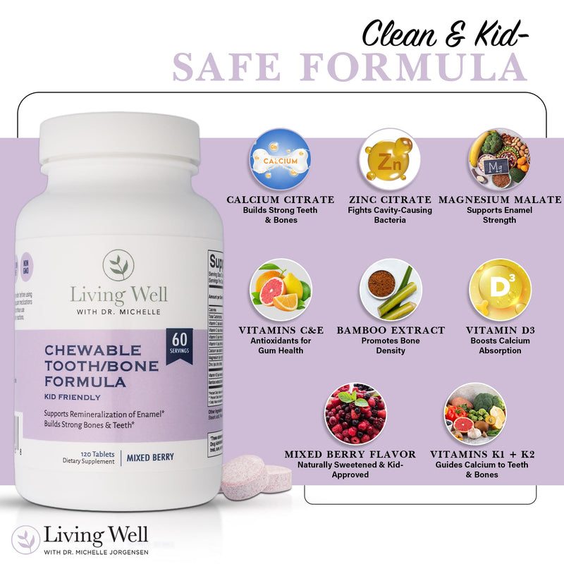 Living Well Kids Calcium and Tooth Support Chewable, Berry, with D3 + K2 | Bone Health, Magnesium & Zinc, Strong Teeth & Enamel Defense, Fluoride-Free, Non-GMO