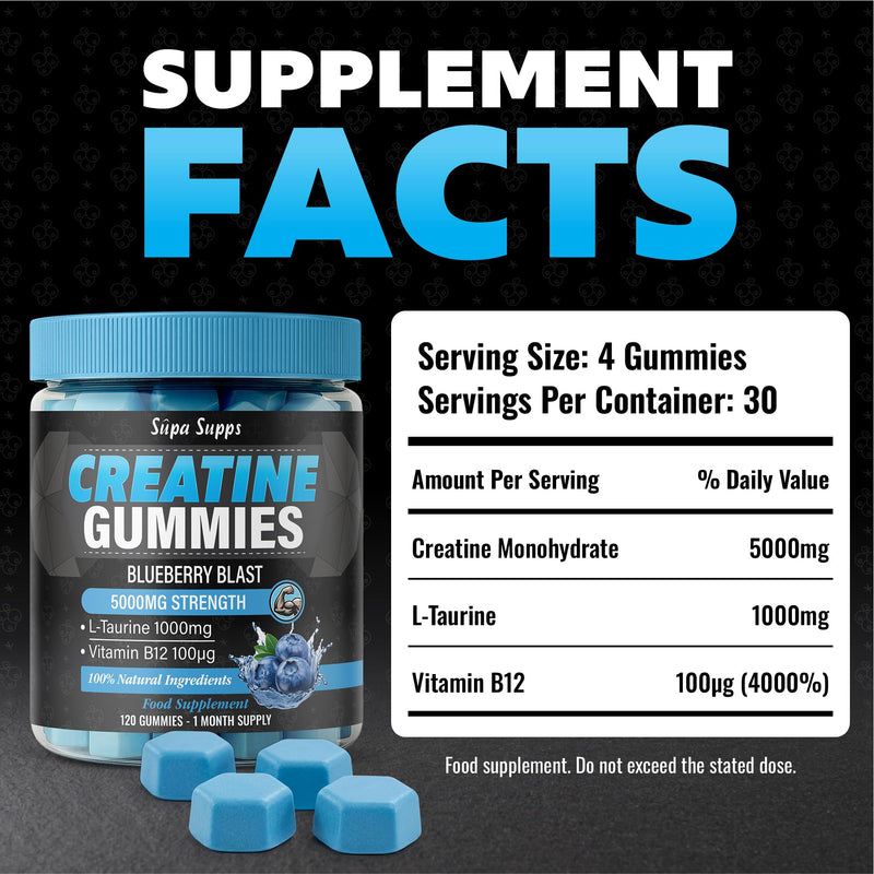 Creatine Gummies Blueberry Flavour, 5000mg Creatine Monohydrate Gummies + L Taurine and Vitamin B12, 120 Count, 30 Day Supply, Gym Training, Strength Performance & Daily Training Fuel for Weight Gain