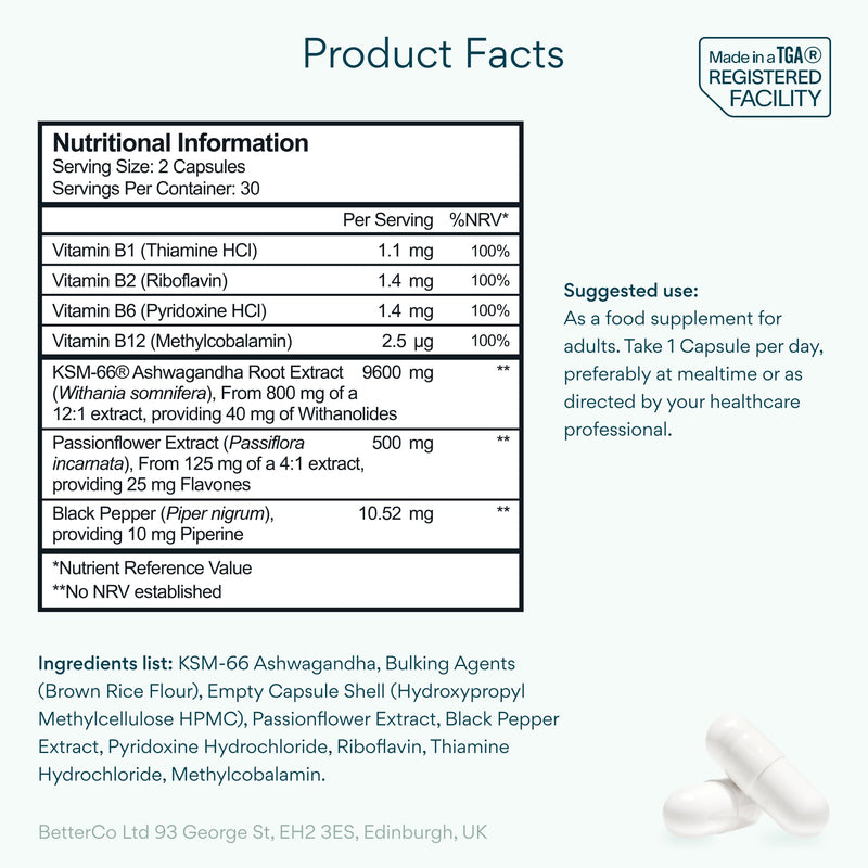Bettervits Ashwagandha High Strength Complex with Passion Flower & Vitamin B | Organic KSM-66 Ashwagandha 800mg | Stress & Cortisol Support Supplement | 60 Capsules