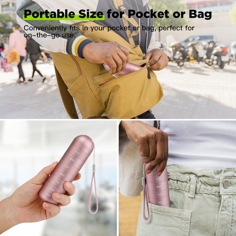 Zannaki Metal Moisture Proof Weekly Pill Organizer, Stackable Aluminum Alloy BPA Free Travel Hiking 7 Day Pill Box Case Waterproof and Large Compartment to Hold Pills, Vitamins, Fish Oil, Supplements Pink