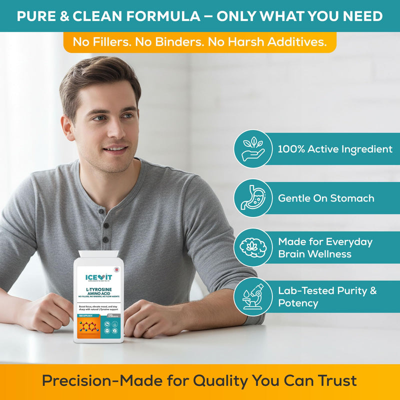 L-Tyrosine 500mg – 120 Capsules | Pure Amino Acid | No Fillers or Binders | Non-GMO | UK Made in GMP Facility | Food Supplement for Focus & Brain Support