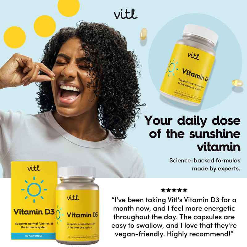 Vitl Vitamin D3 Supplement - 60 Vegan Softgel Capsules - Support for the Immune System, Bones & Joints, Teeth, Muscles and Heart - 2 Month Supply 60 count (Pack of 1)