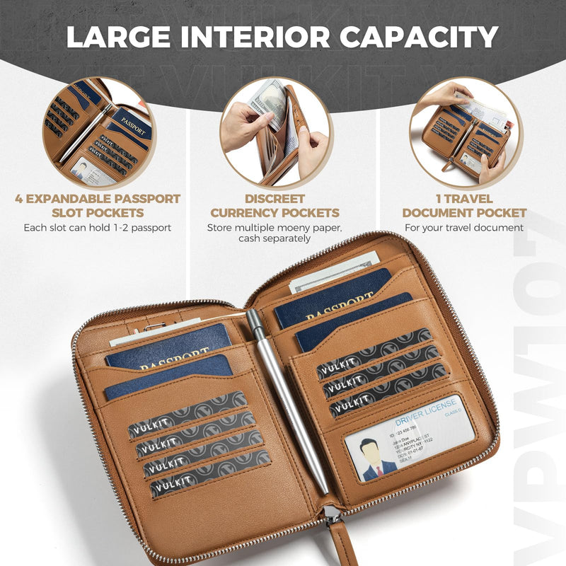 VULKIT Leather Passport Holder for 4-8 Passports Family RFID Blocking Passport Wallet with Zipper Travel Documents Organizer for Men or Women (Brown) Brown