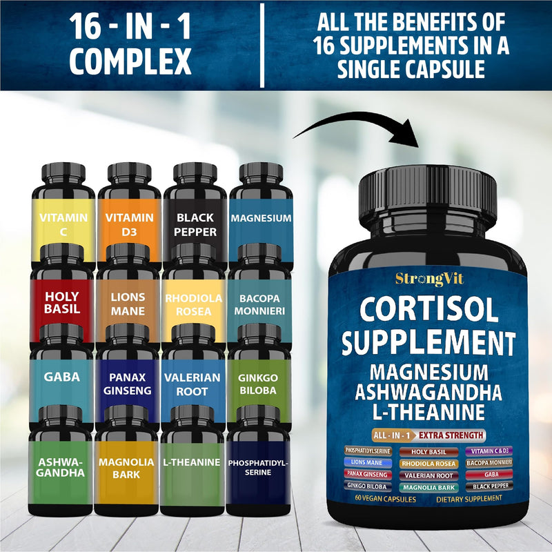 [Australia] - Cortisol Supplements for Women and Men with Magnesium, Ashwagandha & L-Theanine. High Cortisol Reducer, Manager, Detox, Lower and Control. Sleep Support & Stress Relief, USA 60 Count (Pack of 1) 