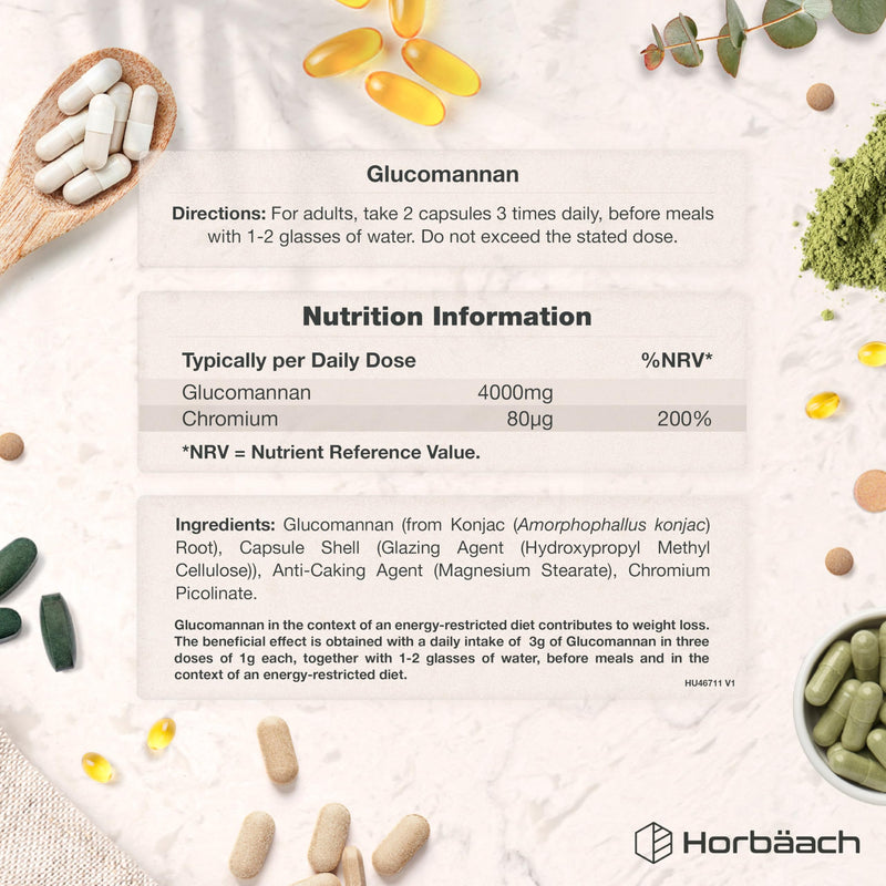Glucomannan Capsules 4000mg | Konjac Root | Glucomannan Complex with Chromium | Vegan & Vegetarian Friendly | 120 Count | By Horbaach