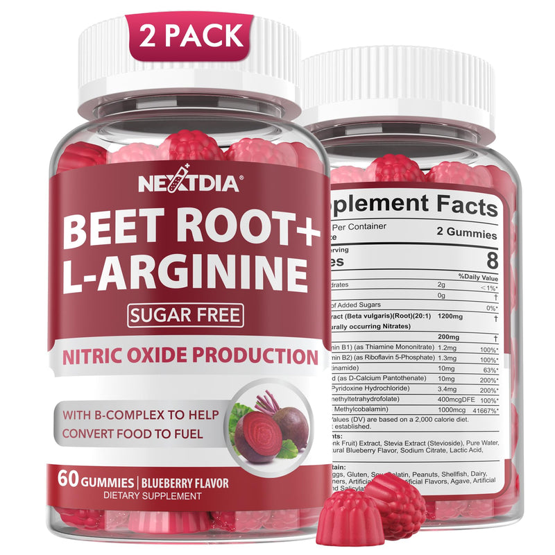 [Australia] - Beet Root Gummies & L-Arginine, Nitric Oxide Supplements for Men & Women w/Organic Beets, B1, B2, B3, B5, B6, Folate, B12 for Energy Boost & Circulation Support, Sugar Free, 120 Cts 60 Count (Pack of 2) 