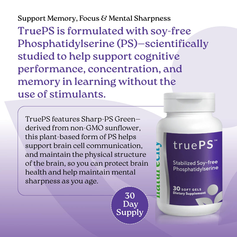 NatureCity True-PS Soy Free Stabilized Phosphatidylserine 100mg Brain Supplements for Memory and Focus - Memory Pills for Brain - Brain Health Supplements for Adults (30 SoftGels)