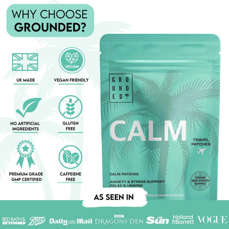 Grounded Calm Travel Patches | 11 Premium Ingredients | Relax, Unwind, De-Stress | Perfect for Flying | Plant Based Calming Formula | x30 Vegan Friendly Patches | UK Made