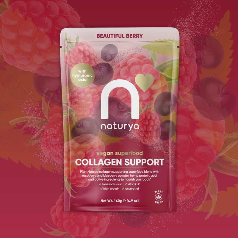 Naturya Vegan Superfood Collagen Support Beautiful Berry 140 g – Plant-Based Collagen Builder with Vitamin C, Hyaluronic Acid & Mixed Berry Flavour