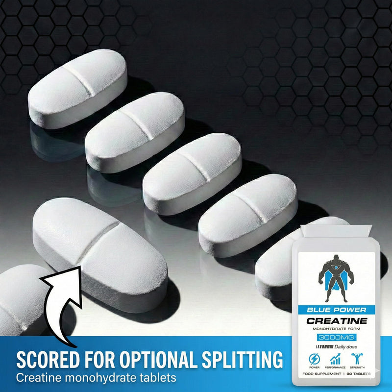 BLUE POWER Creatine Monohydrate Tablets 3000mg (3g) - 90 Tablets (30 Day Supply) - Small Scored Tablets, Titanium-Free Coating, Food Supplement