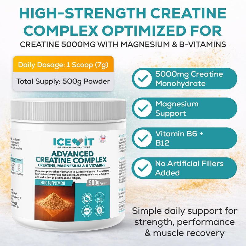 Creatine Monohydrate Powder 500g – Micronised 200 Mesh – 5g Per Serving (71 Servings) – Creatine Complex with Magnesium, Vitamin B6 & B12 – Raspberry & Blueberry Flavour – Vegan
