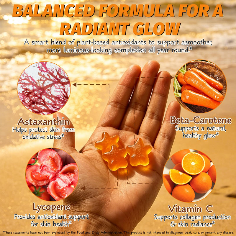 Astaxanthin Tanning Gummies Sun-Free for Women & Men, NO Sugar, with Beta Carotene, Vitamin ACDE Lycopene Enjoy a Tasty, Easy to Carry, No Water Making it Easy Enjoy a Healthy Tan Every Day 1PCS 60count
