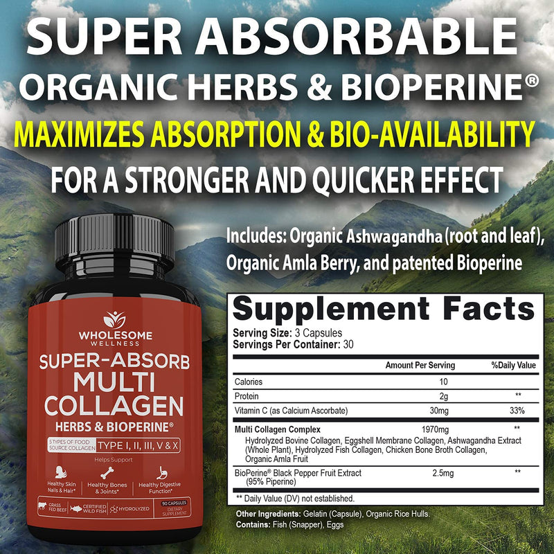 Wholesome Wellness Liposomal Vitamin C Capsules (200 Pills 1500mg Buffered) + Super-Absorb Multi Collagen Pills (Type I II III V X) Organic Herbs and Bioperine Bundle