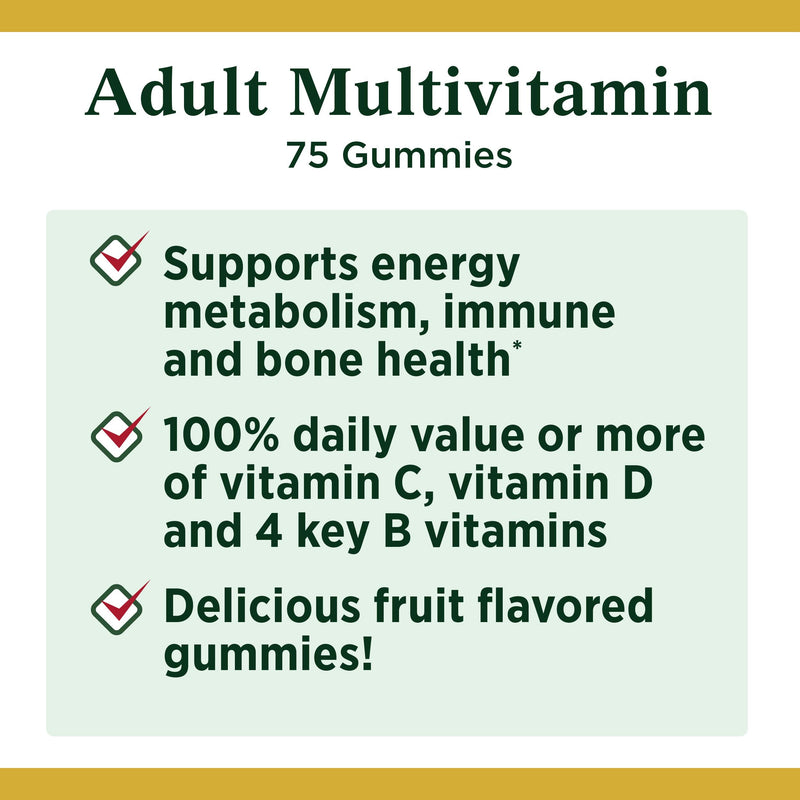 Nature's Bounty Adult Multivitamin Gummies, Vitamin Supplement, Daily Nutritional Needs, Orange, Cherry and Grape Flavor, 75 Gummies (Pack of 3) 75 Count (Pack of 3)
