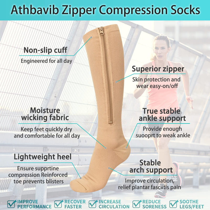 [Australia] - Athbavib 2 Pairs Zipper Compression Socks, 15-20 mmHg Closed Toe Compression Stocking with Zipper for Women and Men Large-X-Large Multicolor 
