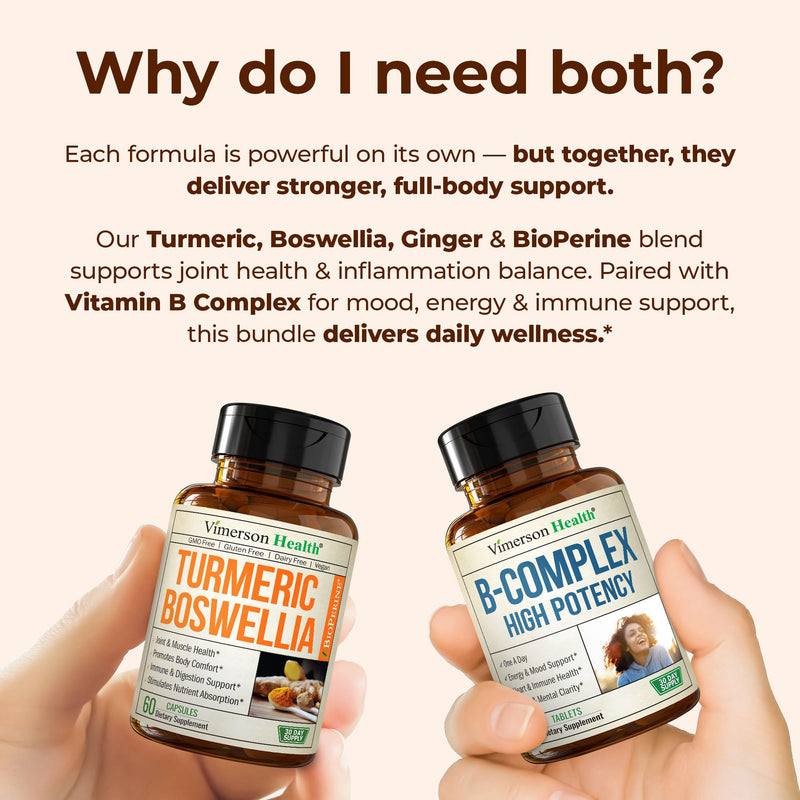 Boswellia Turmeric Curcumin Supplement + Vitamin B Complex with Vitamin B12, Niacin, Vitamin B2, Vitamin B6 Bundle – Supports Joint Health & Aids Mood, Energy – with Ginger Root, Organic Turmeric