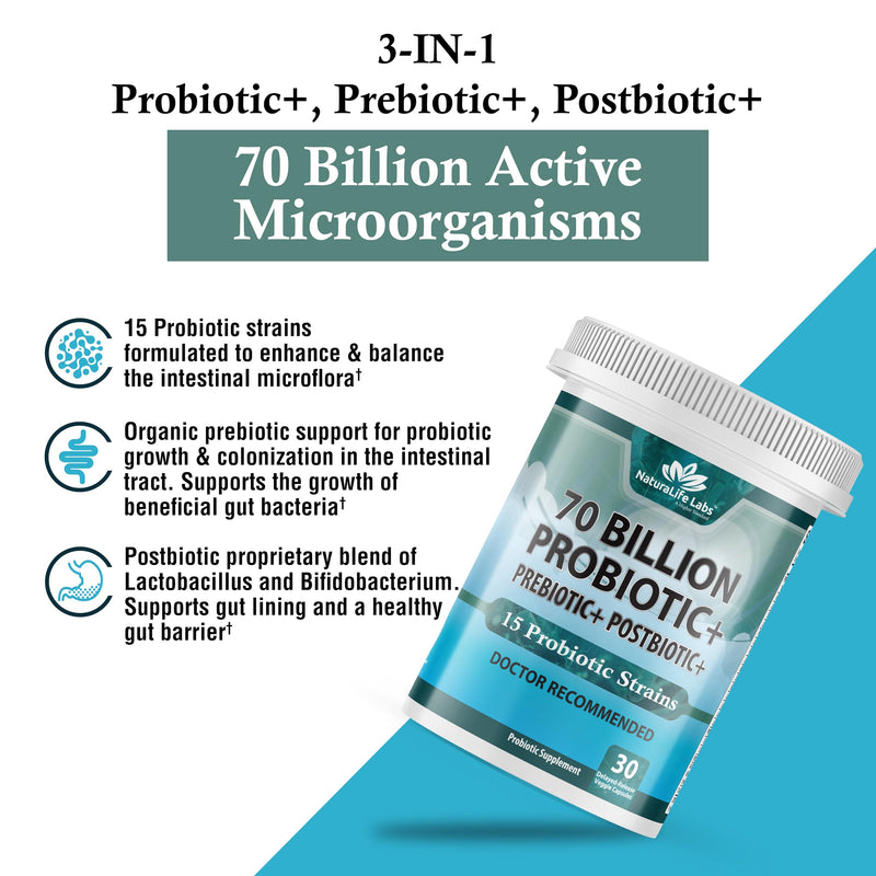 [Australia] - Probiotics 70 Billion CFU – 15 Probiotic strains + Organic Prebiotic+ Postbiotic 3-in-1 Complete – Promotes Healthy Digestive & Immune Function –Gas, Bloating, Constipation Support – for Men & Women 