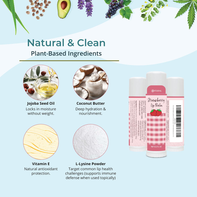 Zatural Strawberry Lip Balm with Shea Butter, Jojoba Oil, Lysine Large 0.5oz - Plant-Based Moisture with Rosehip and Vitamin E - Travel Friendly Natural Lip Care - 0.5oz (2 Pack) 2 Pack