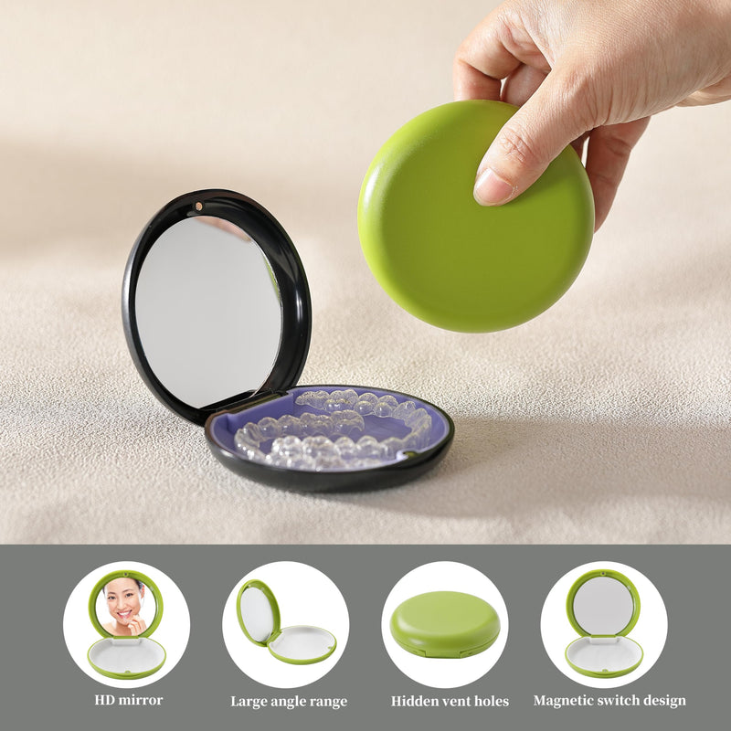 [Australia] - 2 PCS Retainer Cases, Mouth Guard Case with Mirror, Compatible with Invisalign,Retainer Removal Tool, Chewy, and Brush (1PCS Green White+1PCS Black Purple) 