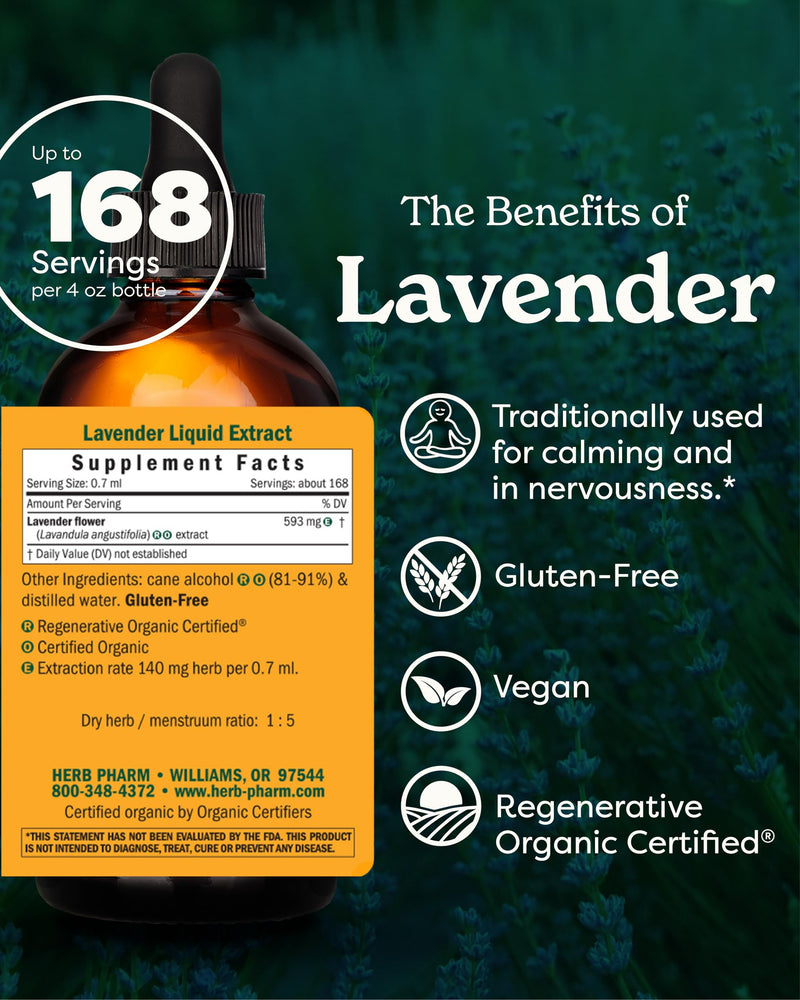 Herb Pharm Certified Organic Lavender Flower Liquid Extract for Calming Nervous System Support, 4 Fl Oz - Packaging May Vary 4 Fl Oz (Pack of 1)