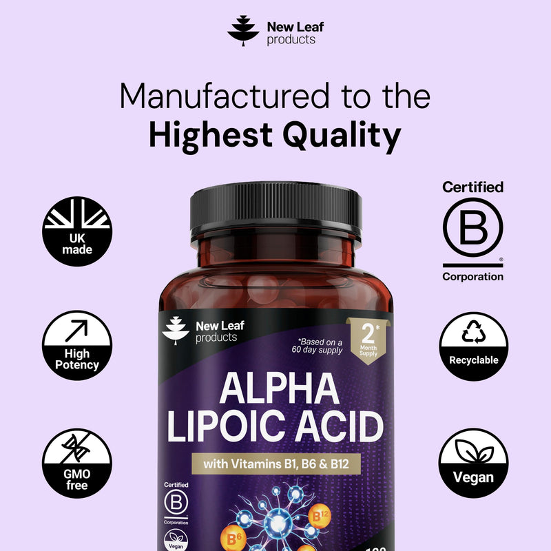 Alpha Lipoic Acid Complex with Vitamin B12, B6 & Thiamine 600mg ALA Daily Serving, 120 Capsules, 2 Month Supply - B Vitamins Contribute to Normal Nervous System Function, Neuropathy & Nerve Support