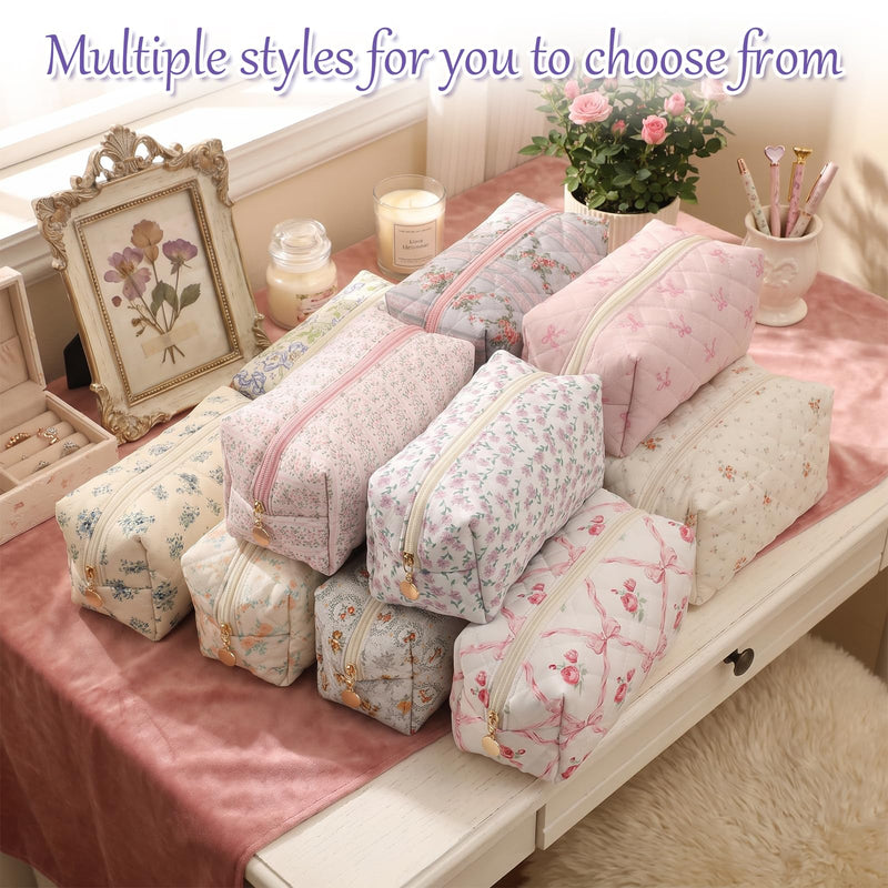 12 Pcs Quilted Makeup Bag Bulk, Floral Cotton Cosmetic Bag Set with Zipper | 8.3x3.9 Inch Aesthetic Travel Toiletry Organizer Pouch for Women Girls, Wedding Bridesmaid Proposal Gifts (Assorted Prints)