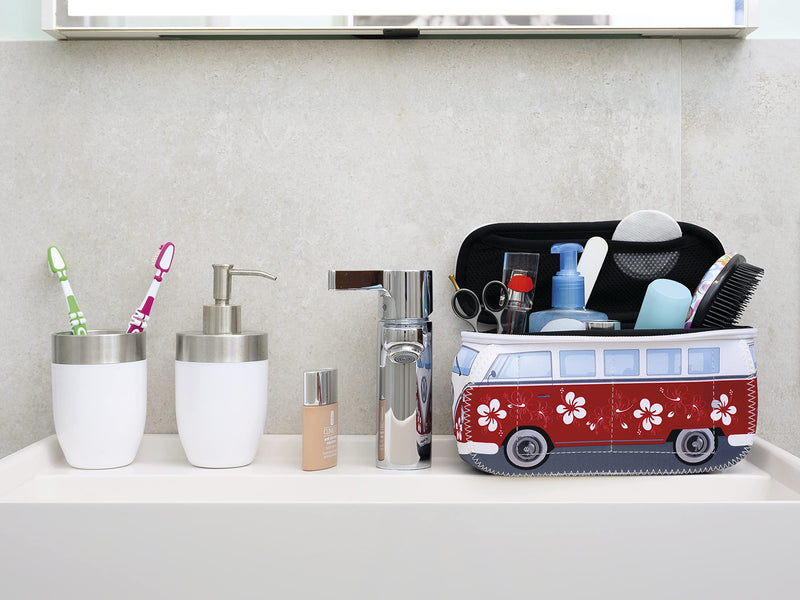 BRISA VW Collection - T1 Bus Camper Toiletry Bag Cosmetic Case | Volkswagen Toiletry Bag Cosmetic Case, Water-Repellent, Hanging Hook, 4 Mesh Pockets, Travel, Neoprene, Hibiscus/Red Large Large (11.8 X 5.5 X 4.7 Inches)