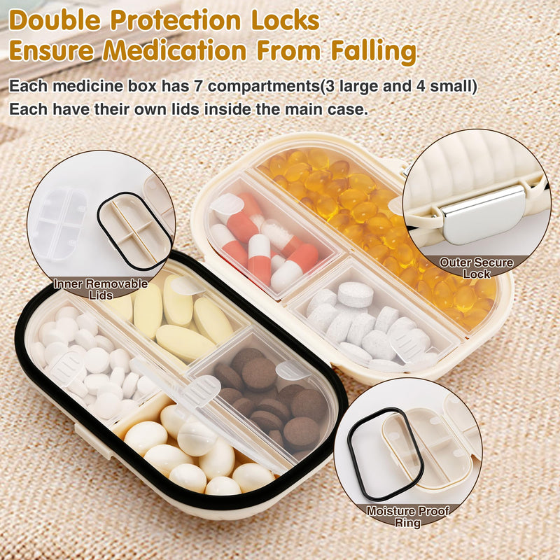 [2 Pack] Zannaki Pill Case Portable Small Weekly Travel Pill Organizer, Cute Moisture Proof Pill Box Holder for Purse, Daily Mini Pocket Pharmacy Medicine Container for Vitamin, Fish Oil, Supplement Beige/Large-2 Pack