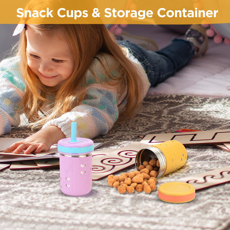 [Australia] - Tronco [4 Pack] 10 oz 2-in-1 Stainless Steel Kids Tumbler Cups with Silicone Sleeves, Spill-Resistant Flexible Straws & Storage Lids, BPA-Free Smoothie and Snack Cups, Dishwasher Safe Mango Yellow,Grape purple,Grass Green,Peach Pink Pack of 4 