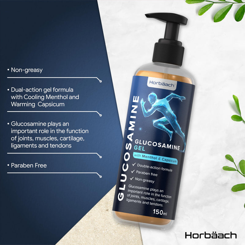 Glucosamine Gel | 150 ml | with Menthol and Capsicum | Cooling Effect | Highly Absorbable, Non-Sticky and Non-Greasy Gel | By Horbaach