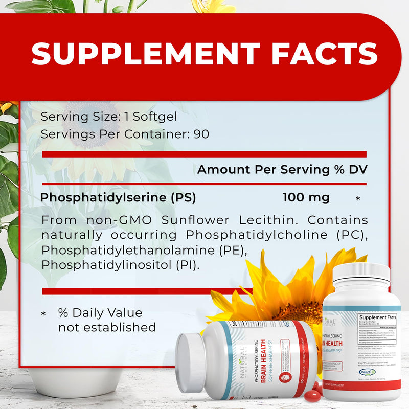 [Australia] - Soy Free Phosphatidylserine 100mg - Phosphatidylserine Supplement from Sunflower Lecithin, Patented Sharp PS100, Brain Health, Memory Aid, Cortisol Control, Mental Sharpness, Non GMO, 90 Softgels 90 Count (Pack of 1) 