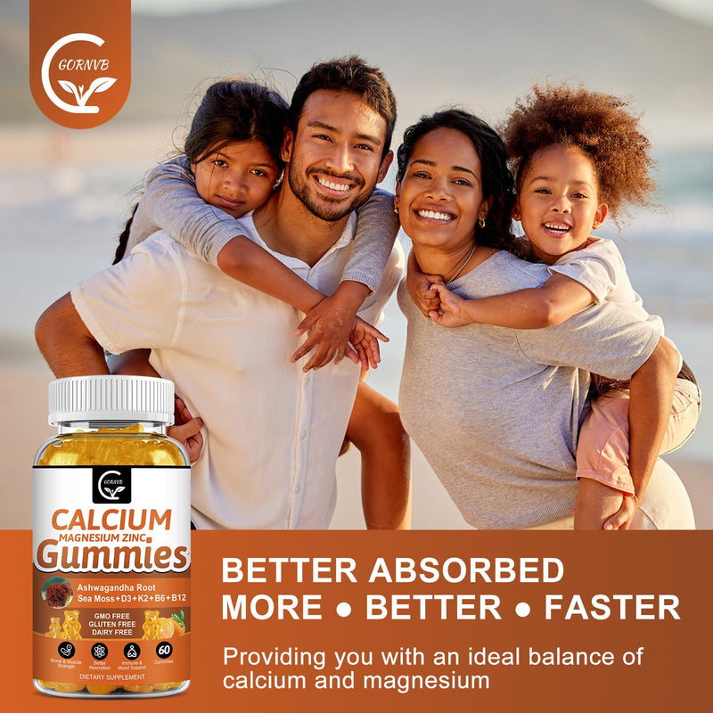 1200mg Calcium Gummies with Vitamin D3,K2,B12 & B6 - Plant Complex Calcium Magnesium Supplement with Glycinate,Potassium,Sea Moss,Ashwagandha Root for Bone & Teeth Strength, Muscle & Immune-2 Pack 60 Count (Pack of 2)